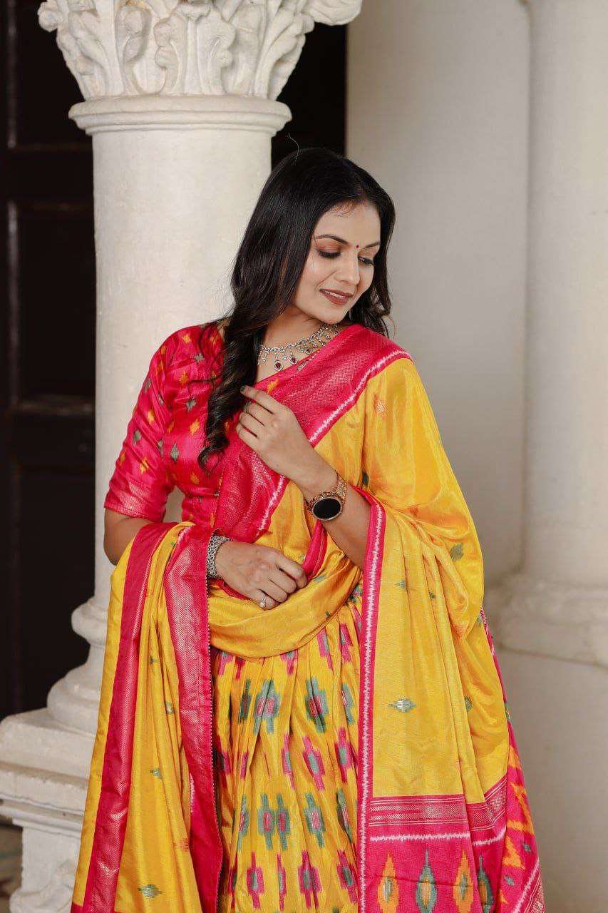 Yellow Dola Silk Lehenga Choli with Red Blouse | Patola Print & Foil Work | Wedding & Festive Wear - Image 3