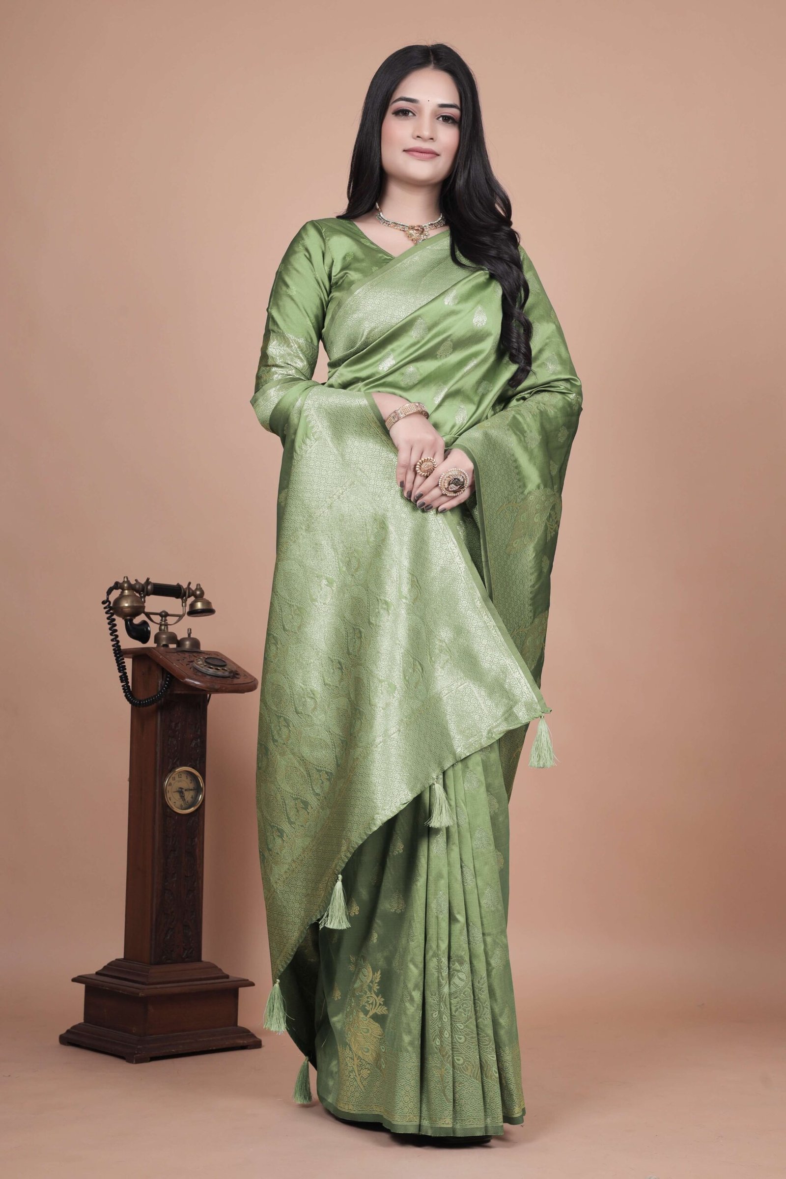 Lime Green Banarasi Silk Saree with Golden Zari & Peacock Motifs | Wedding, Festive & Traditional Wear | Designer Saree