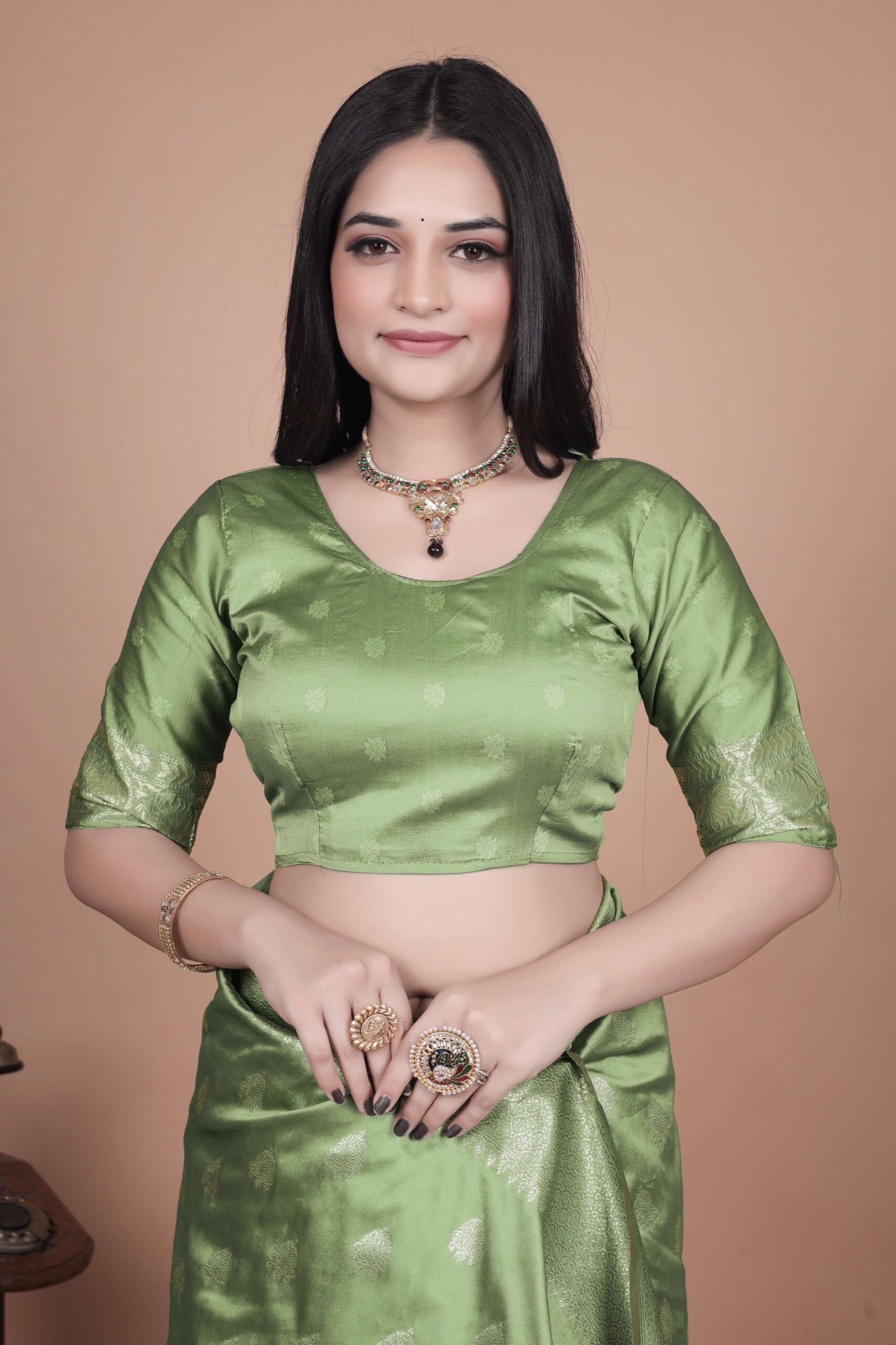 Lime Green Banarasi Silk Saree with Golden Zari & Peacock Motifs | Wedding, Festive & Traditional Wear | Designer Saree - Image 5