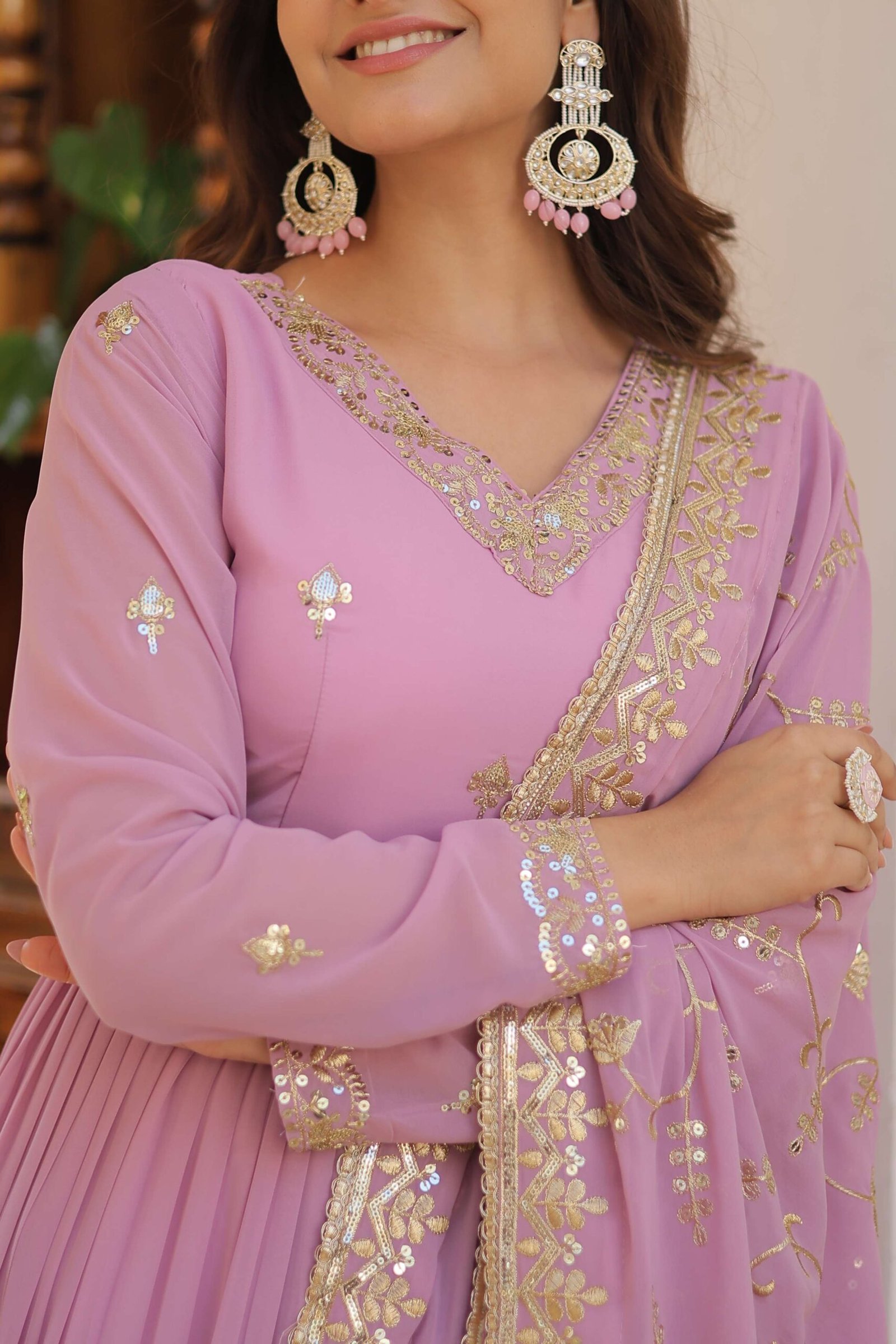 Purple Faux Georgette Designer Gown with Sequined Dupatta ? Fully Flared Elegant Ready-to-Wear Set - Image 5
