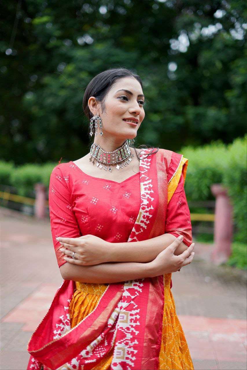 Yellow Dola Silk Lehenga Choli with Vibrant Red Blouse | Bandhej & Ajarakh Print | Wedding & Festive Wear - Image 3