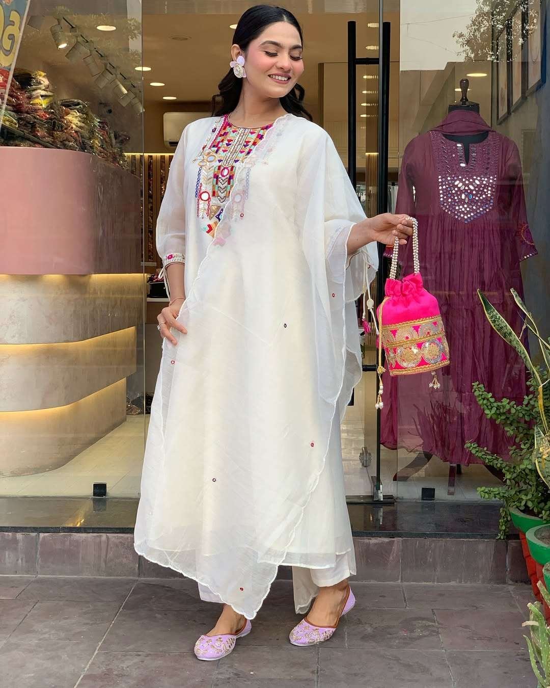 Women's Cotton Mirror Work Embroidered Straight Kurti With Pant and Dupatta Set - Image 3