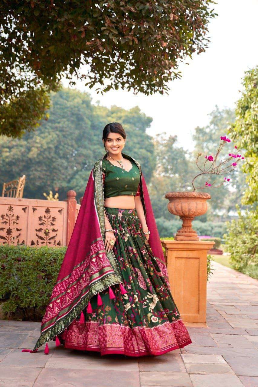 Maroon Tussar Silk Lehenga Choli with Forest Green Blouse | Minakari & Foil Print | Wedding & Festive Wear - Image 2