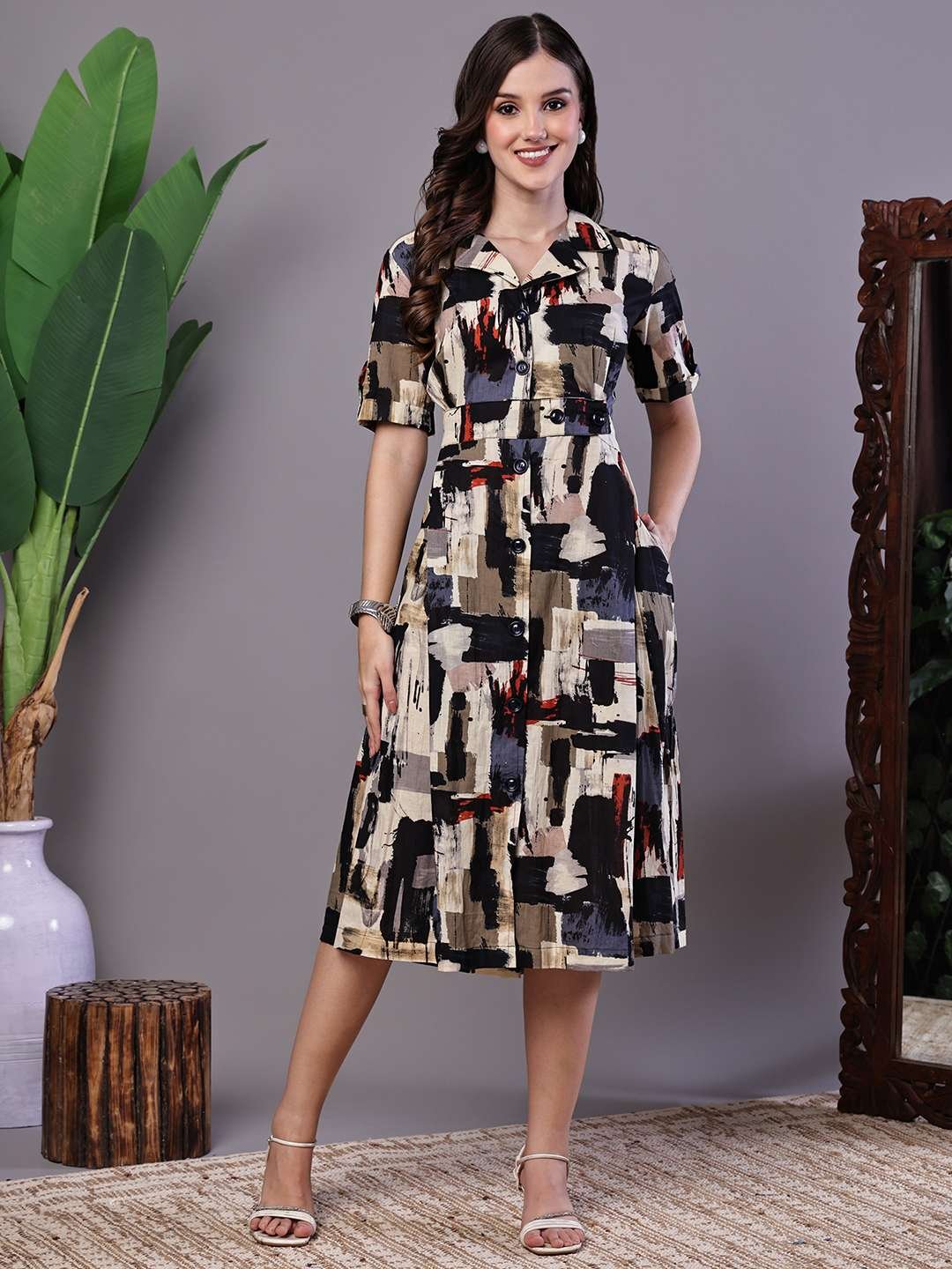 Women's Beige & Black Abstract Print Cotton Shirt Dress Midi Dresses