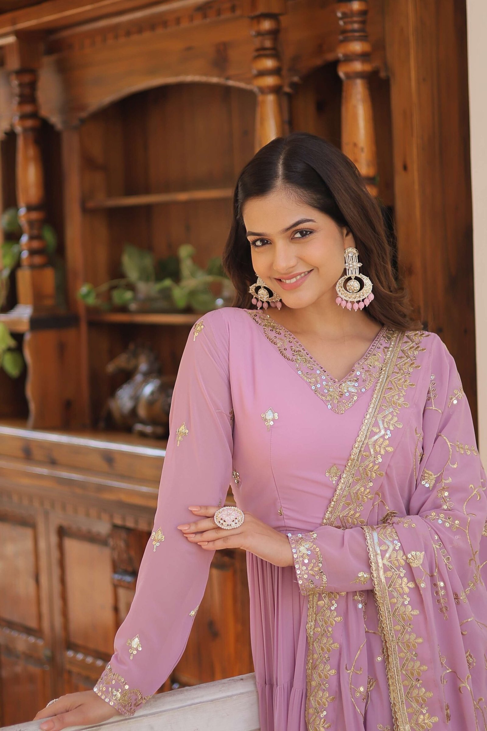 Purple Faux Georgette Designer Gown with Sequined Dupatta ? Fully Flared Elegant Ready-to-Wear Set - Image 4