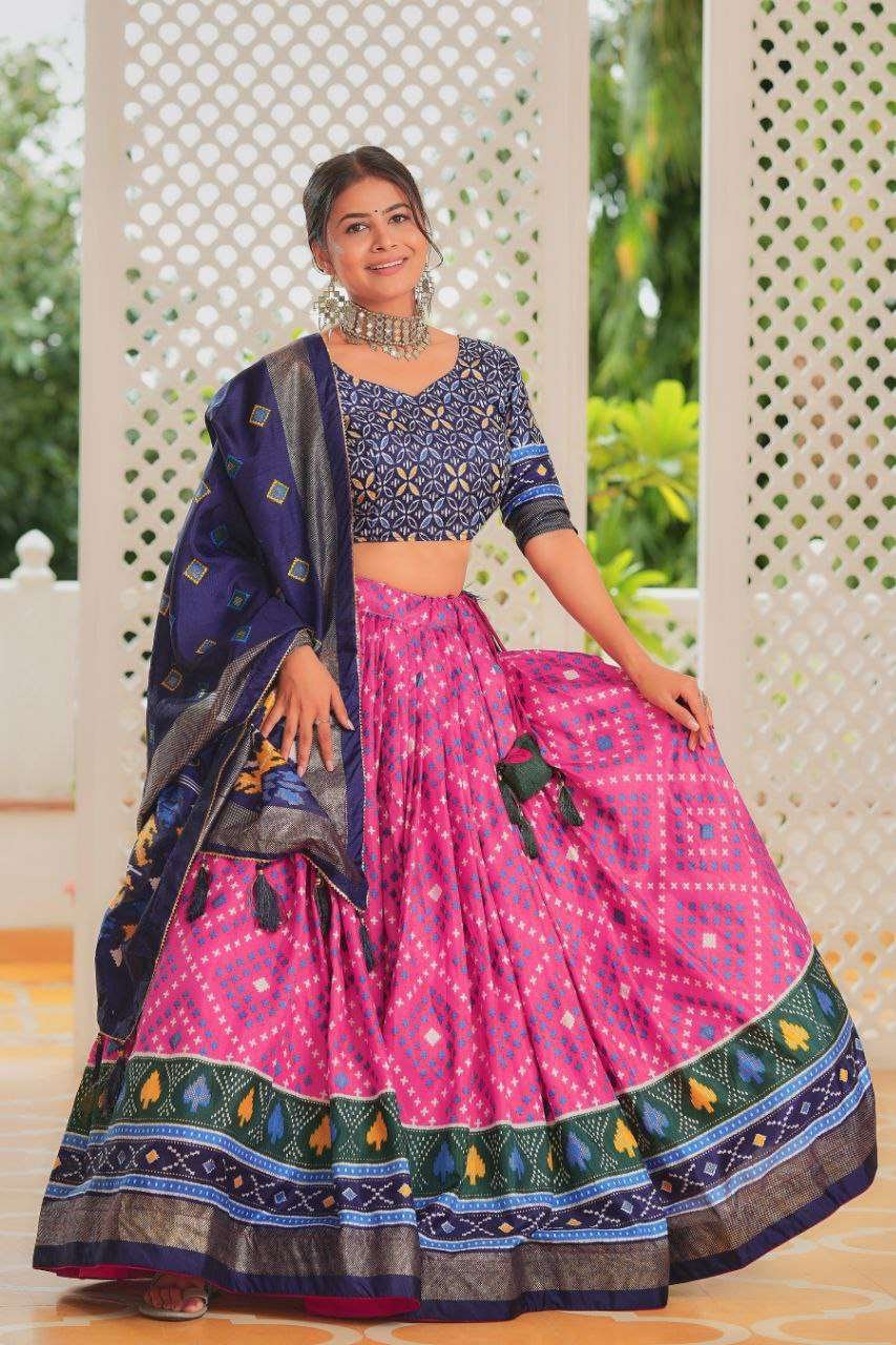 Pink Tussar Silk Lehenga Choli with Navy Blue Blouse | Minakari & Foil Print | Wedding & Festive Wear - Image 2