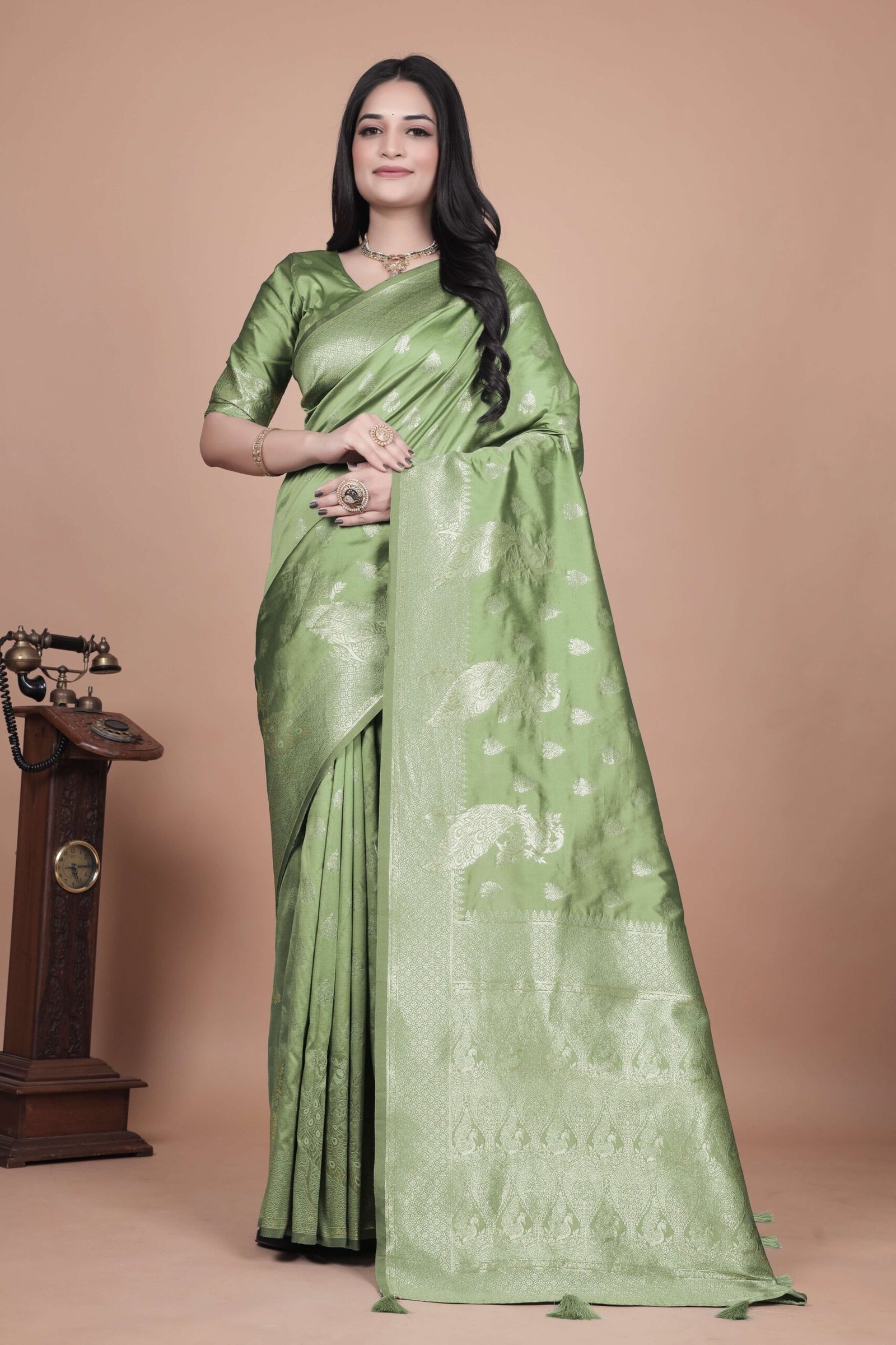 Lime Green Banarasi Silk Saree with Golden Zari & Peacock Motifs | Wedding, Festive & Traditional Wear | Designer Saree - Image 6