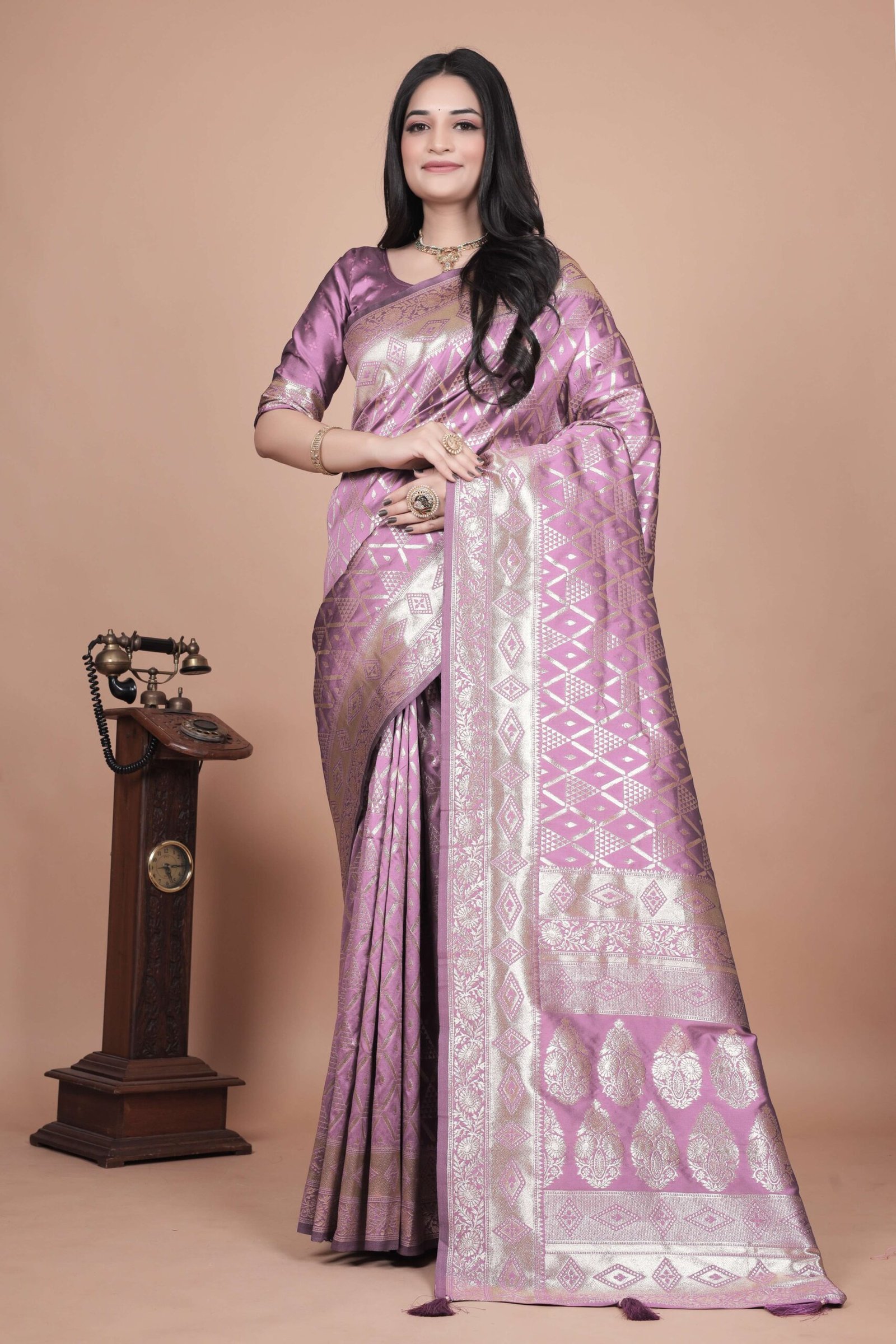 Lavender Banarasi Silk Saree with Silver Zari Geometric & Floral Weaving | Wedding & Festive Traditional Saree