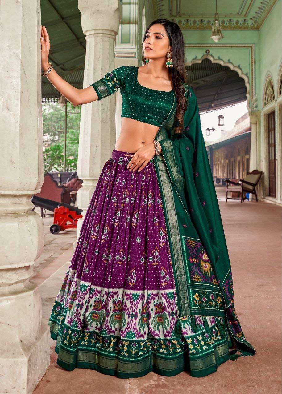 Purple Tussar Silk Lehenga Choli with Green Blouse | Minakari & Foil Print | Wedding & Festive Wear - Image 2