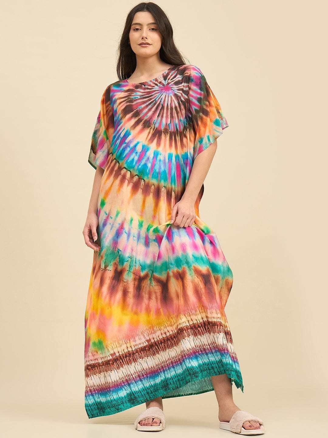 Women's Cotton Tie Dye Print Flowing Bell Sleeves Full Length Kaftan Drees Casual Beach Wear ( Turquoise Yellow ) - Image 5