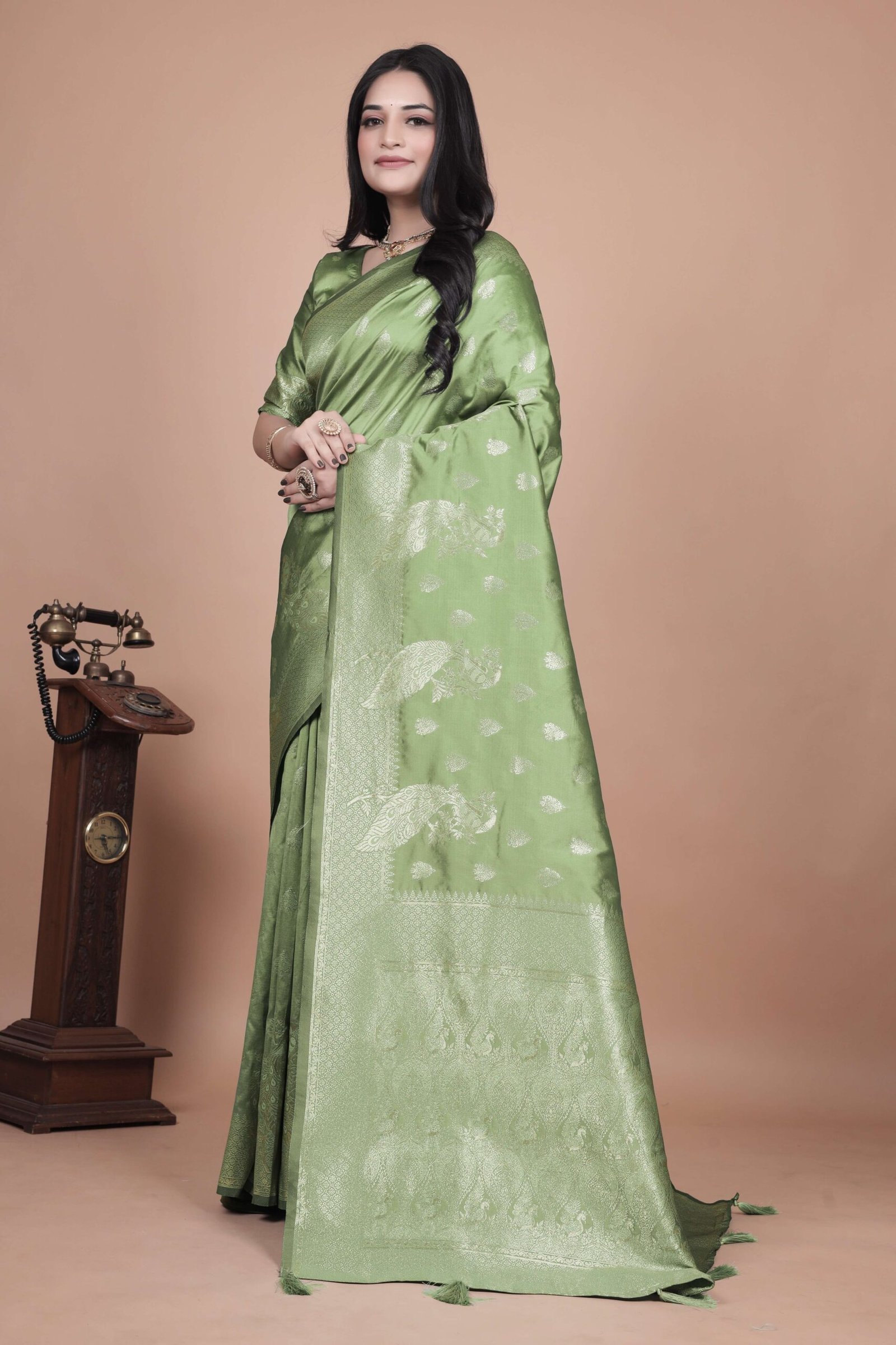 Lime Green Banarasi Silk Saree with Golden Zari & Peacock Motifs | Wedding, Festive & Traditional Wear | Designer Saree - Image 4
