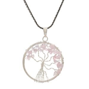 Rose Quartz Pendant Tree of Life Crystal Stone Pendant Locket with Metal Chain for Healing Crystal Healing Gemstone Size 35-40 mm rose quarts