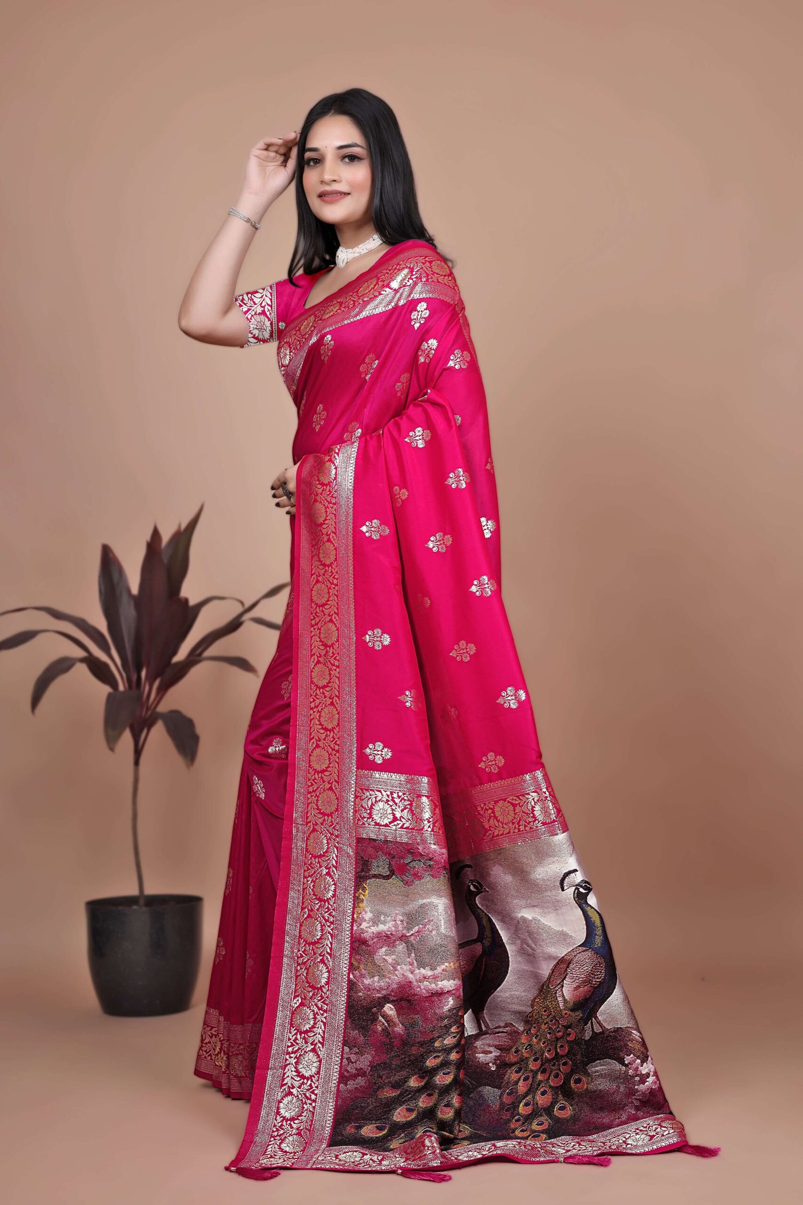 Majestic Magenta Silk Saree with Silver Zari & Twin Peacock Pallu | Wedding, Festive & Traditional Wear - Image 4
