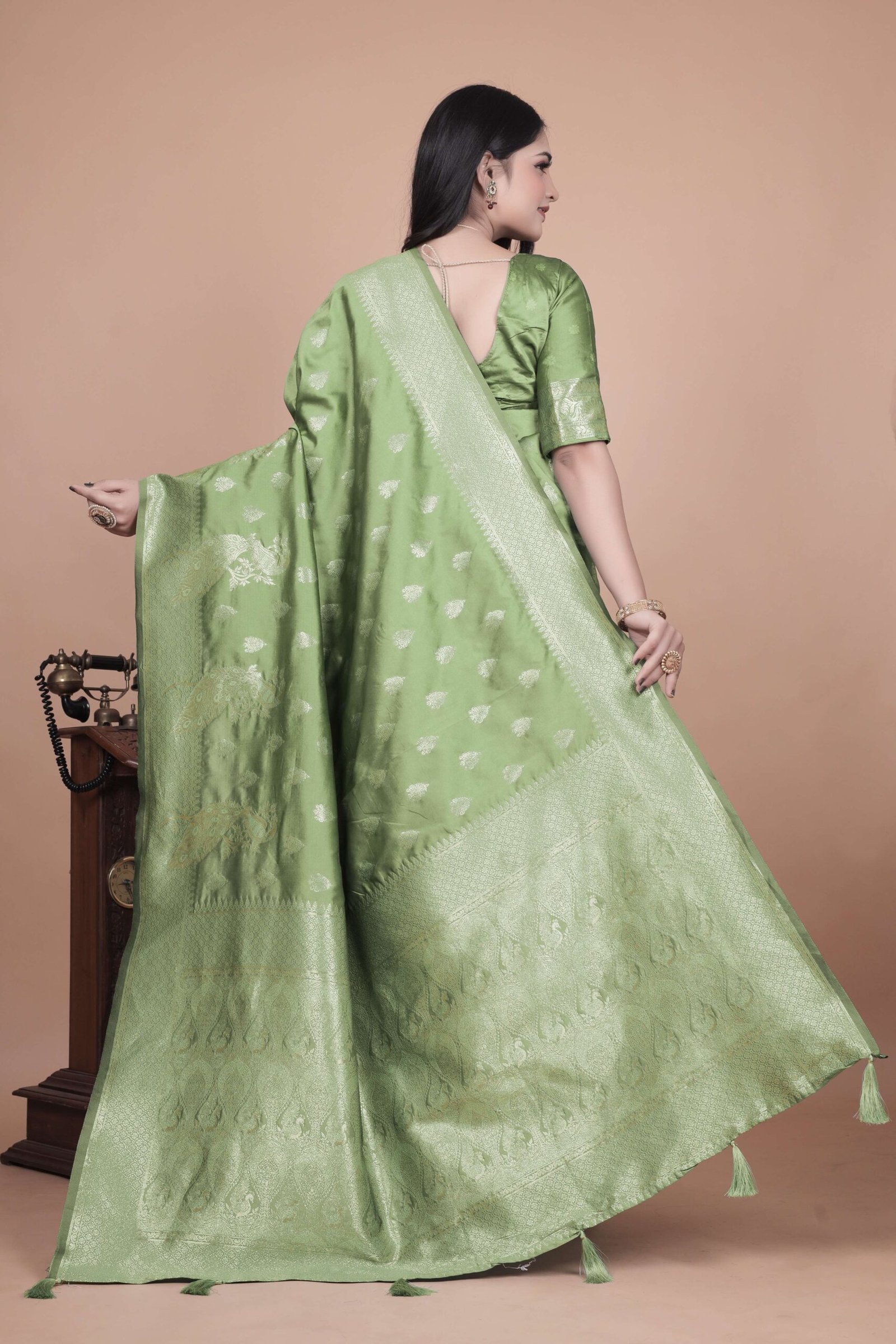Lime Green Banarasi Silk Saree with Golden Zari & Peacock Motifs | Wedding, Festive & Traditional Wear | Designer Saree - Image 2