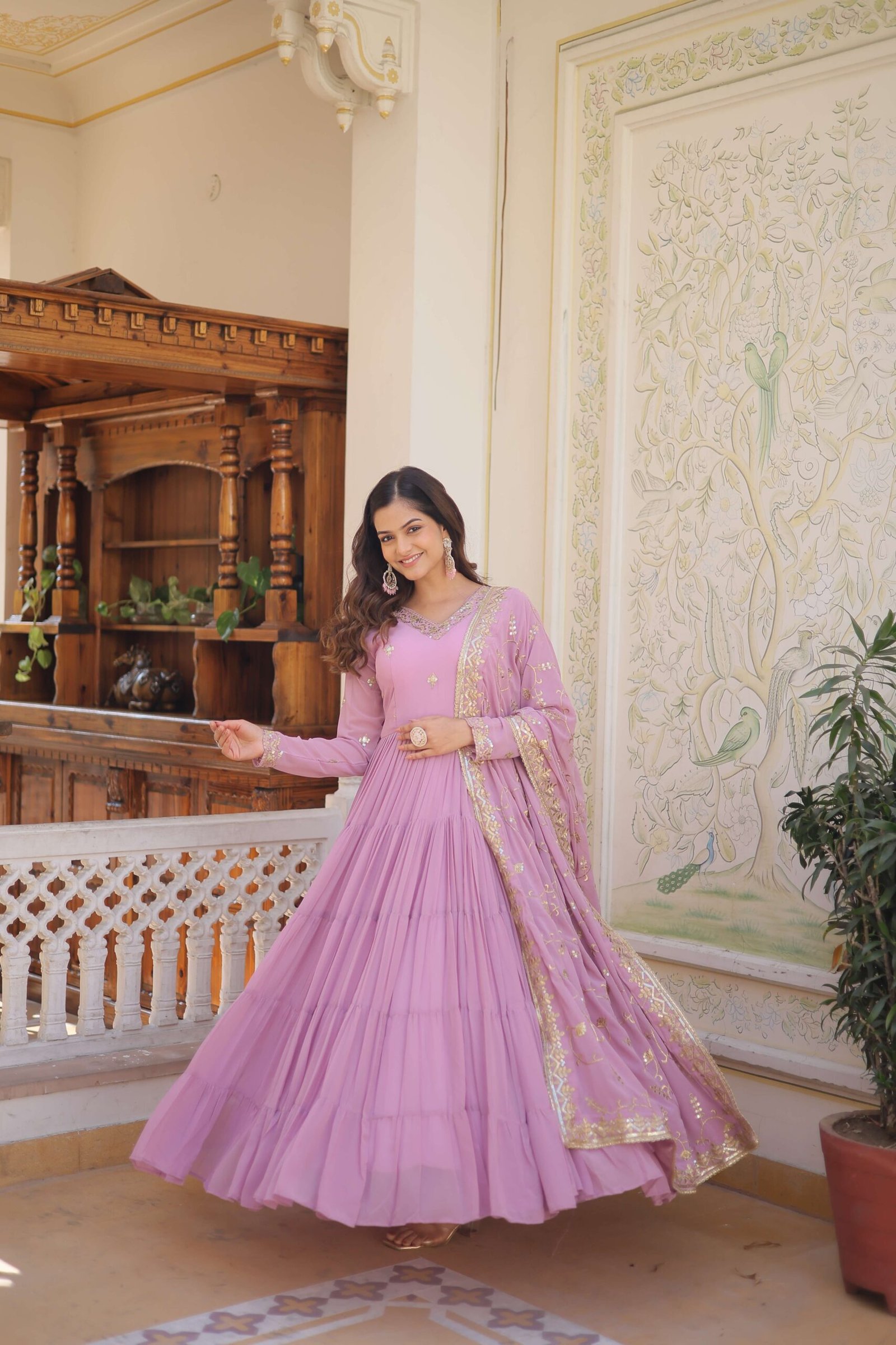 Purple Faux Georgette Designer Gown with Sequined Dupatta ? Fully Flared Elegant Ready-to-Wear Set - Image 3