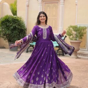 Purple Designer Chinon Sequins Embroidered Gown with Kalamkari Silk Dupatta