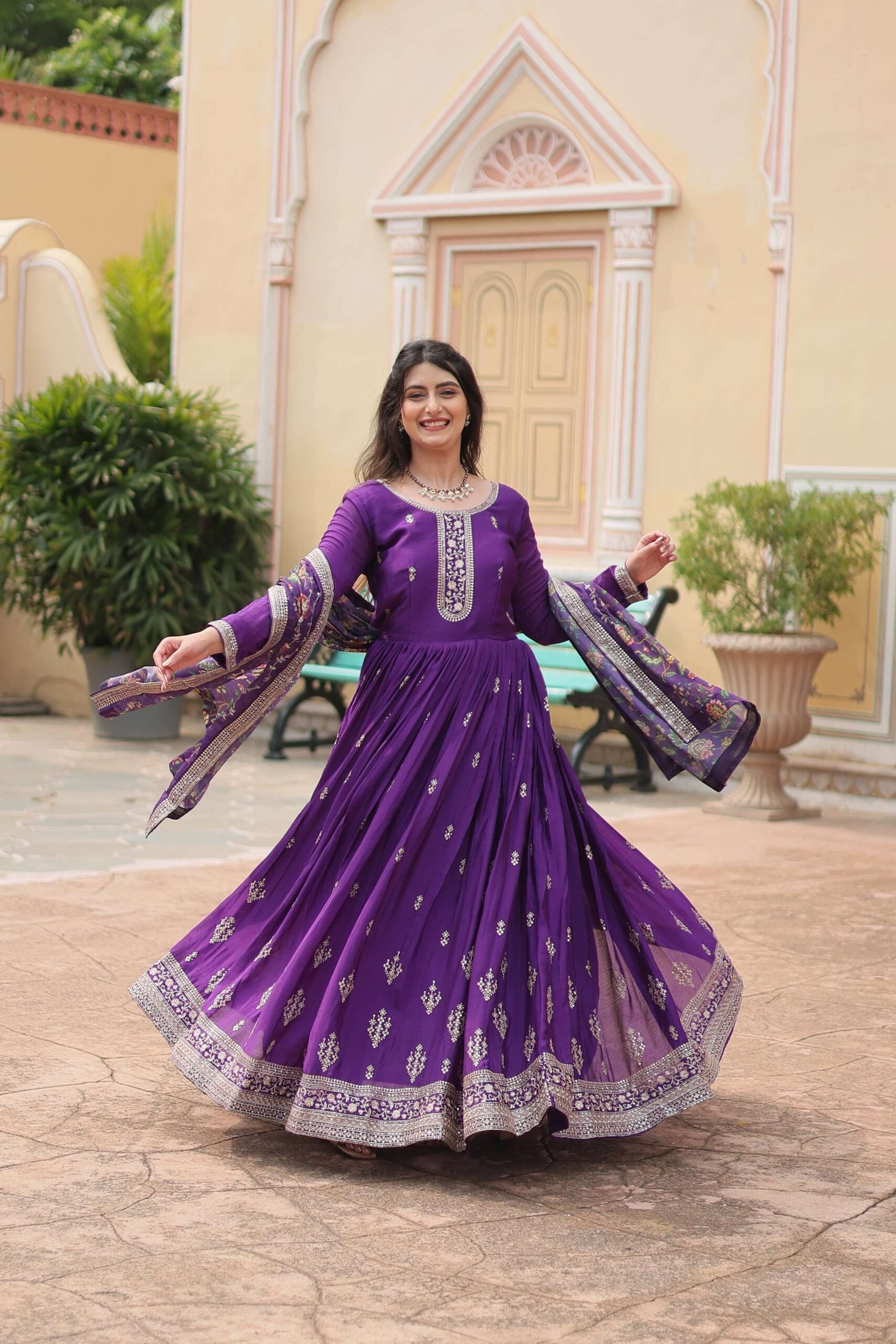 Purple Designer Chinon Sequins Embroidered Gown with Kalamkari Silk Dupatta
