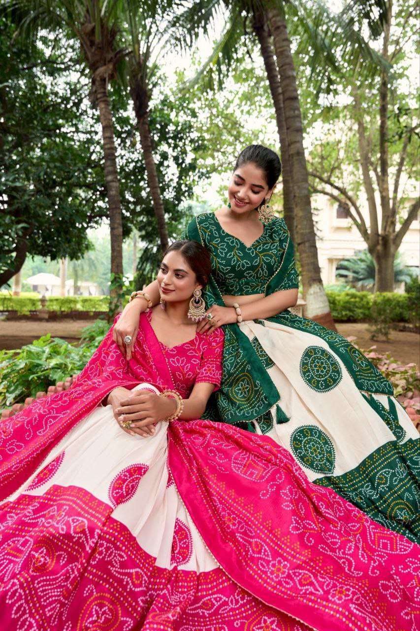 White Dola Silk Lehenga Choli with Pink Blouse | Bandhej & Patola Print | Wedding & Festive Wear - Image 2