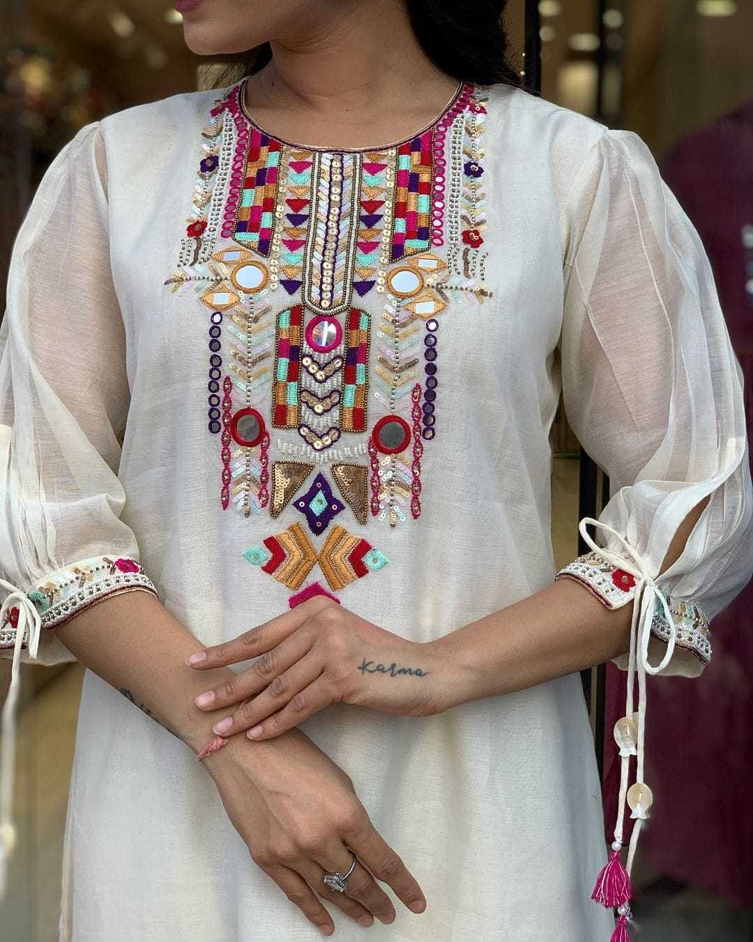 Women's Cotton Mirror Work Embroidered Straight Kurti With Pant and Dupatta Set - Image 2