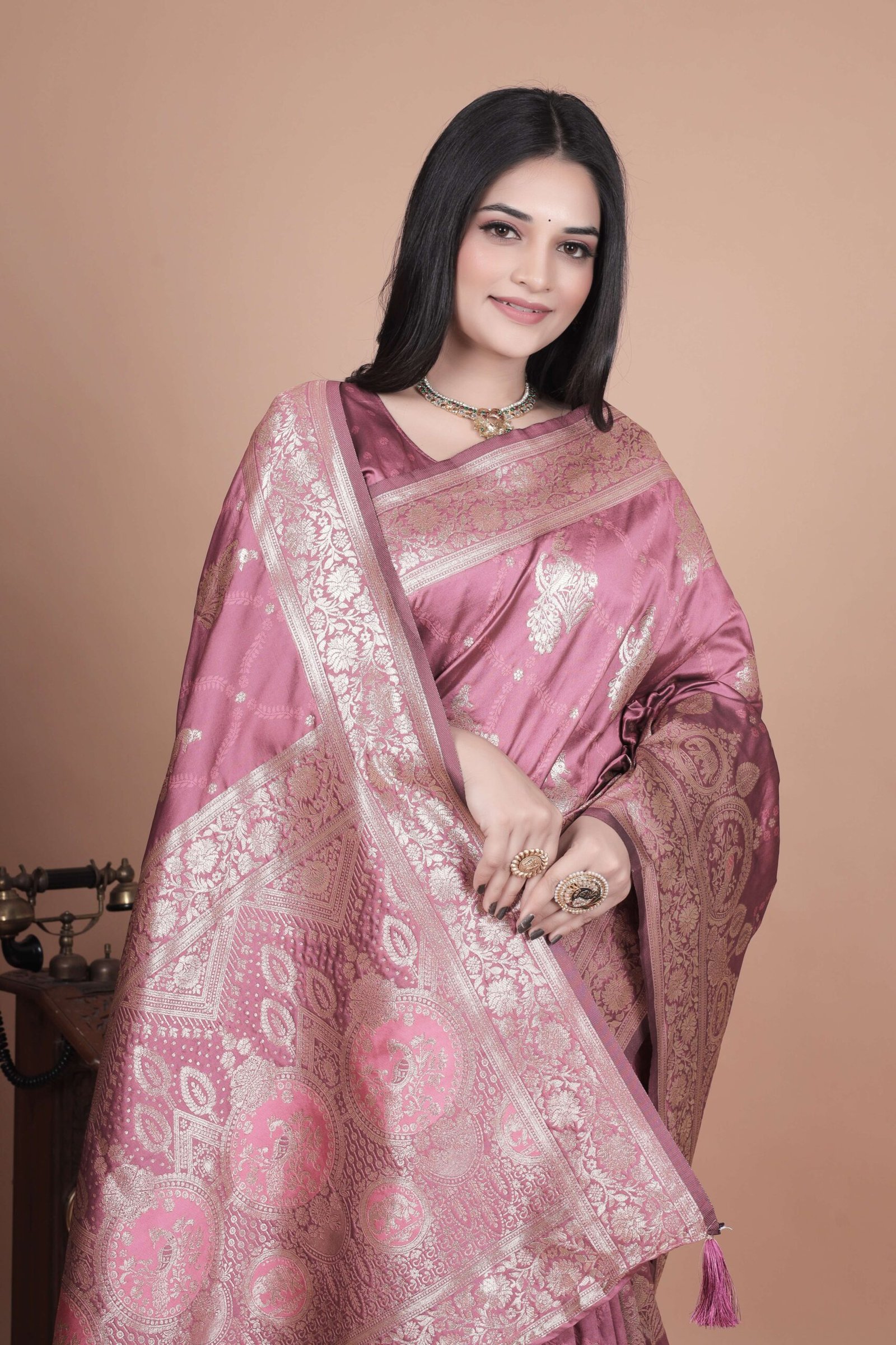 Rose Pink Banarasi Silk Saree with Silver Zari | Floral & Paisley Motifs | Wedding, Festive & Traditional Wear - Image 4