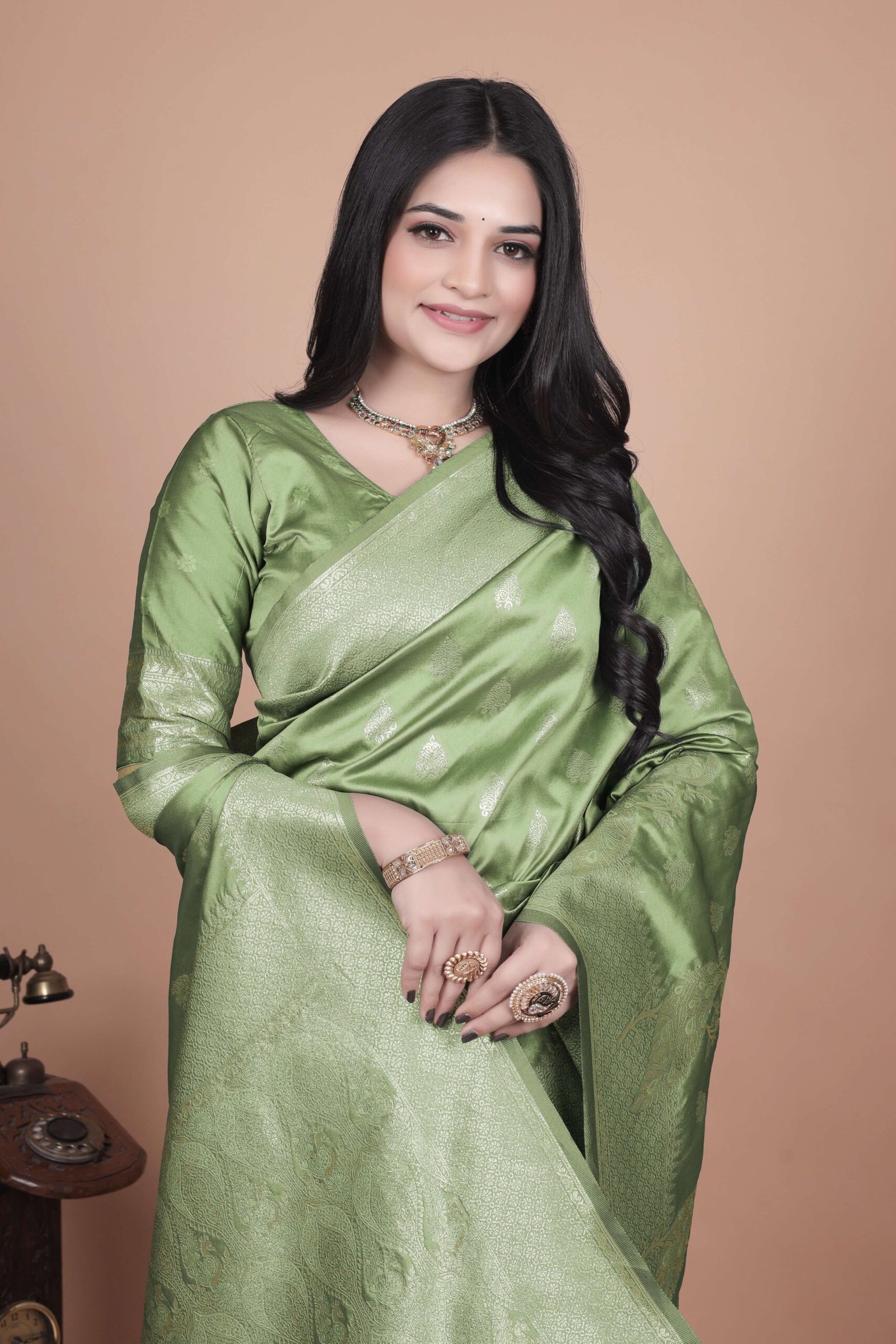 Lime Green Banarasi Silk Saree with Golden Zari & Peacock Motifs | Wedding, Festive & Traditional Wear | Designer Saree - Image 3