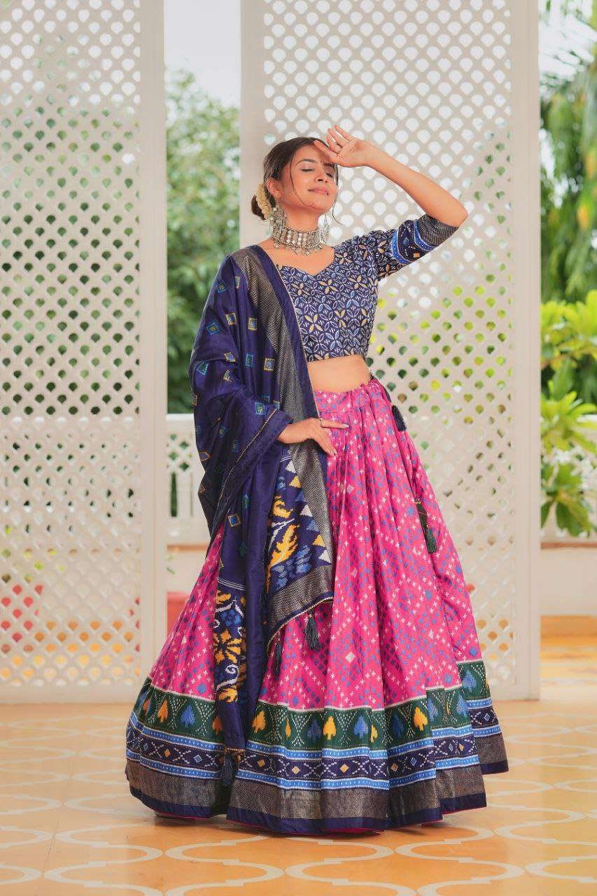 Pink Tussar Silk Lehenga Choli with Navy Blue Blouse | Minakari & Foil Print | Wedding & Festive Wear - Image 3
