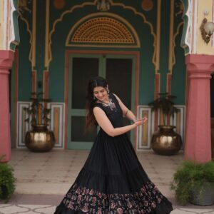 Black Designer Heavy Reyon Gown with Printed Frill & Fancy V-Neck - M
