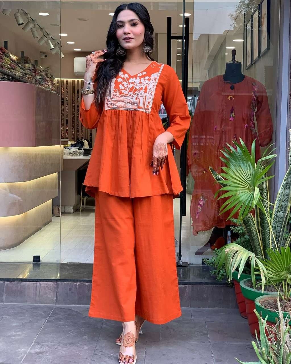 Women's Cotton Embroidered Flared Kurta With Pant Set - Image 4